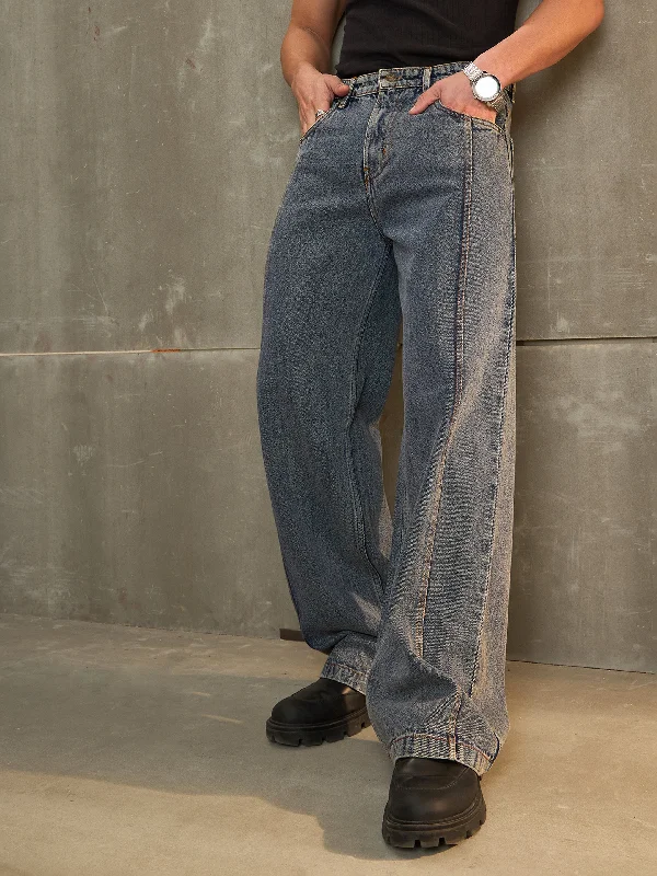 Baggy Cargo Men's JeansMen Navy Washed Front Pleated Wide Leg Jeans
