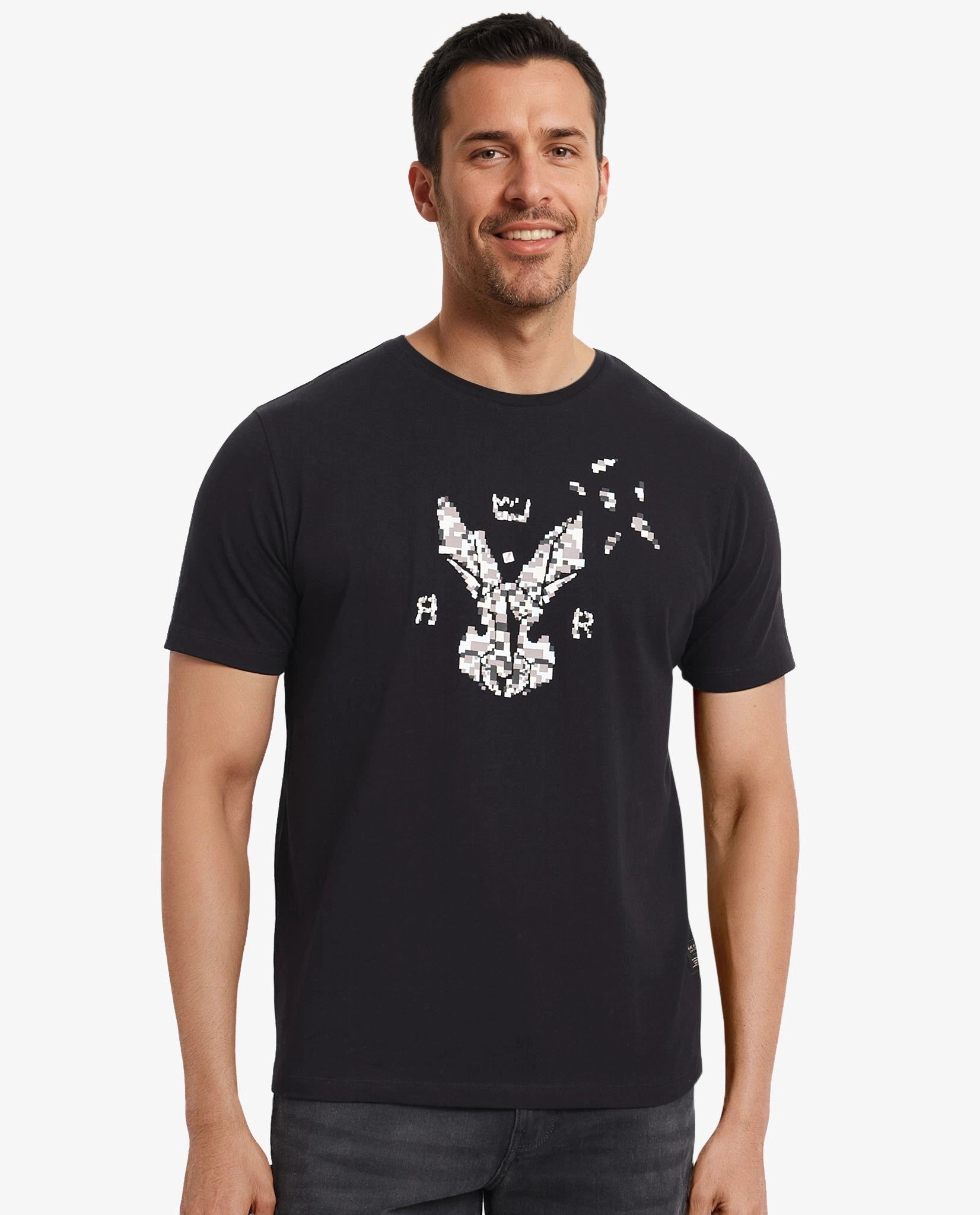 Men's Shirts for Outdoor ActivitiesRare Rabbit Men Conno Black Cotton Lycra Fabric Short Sleeve Crew Neck Regular Fit Graphic Logo Print T-Shirt Men's Shirts for Outdoor ActivitiesRare Rabbit Men Conno Black Cotton Lycra Fabric Short Sleeve Crew Neck Regular Fit Graphic Logo Print T-Shirt