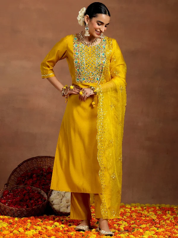 Mustard Yoke Design Silk Blend Straight Suit With Dupatta
