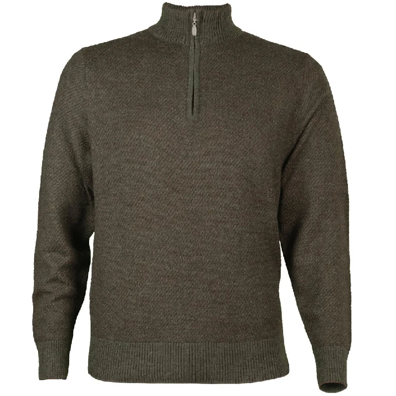 Men's Sweaters with Flat-Front DesignsRoyal Alpaca Diagonal Jacquard Half-Zip Lightweight Sweater in Hunter Green and Chocolate Heather by Peru Unlimited