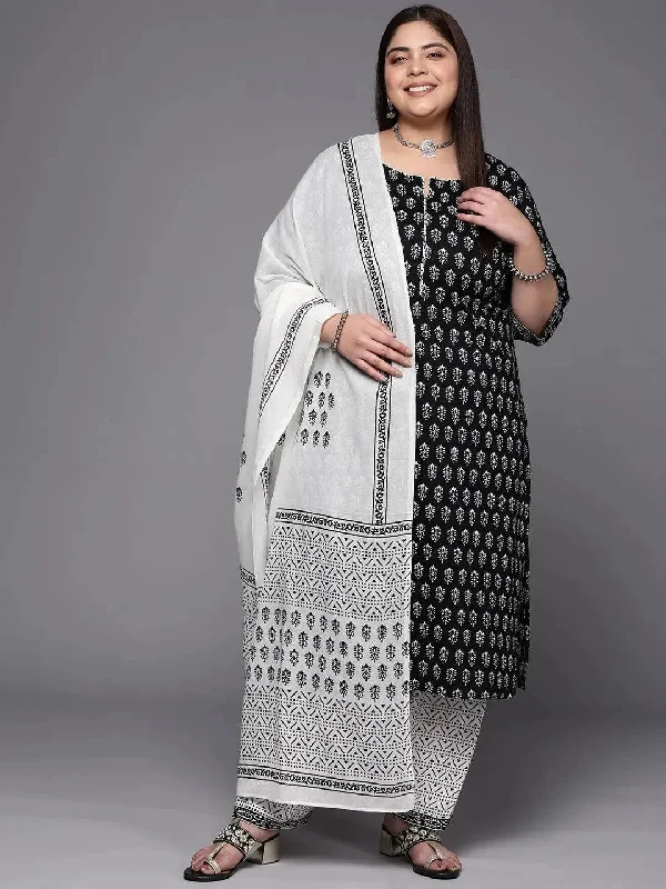 Plus Size Black Printed Cotton Straight Kurta With Salwar & Dupatta
