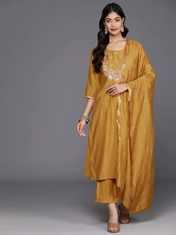 Mustard Yoke Design Silk Blend Straight Suit With Dupatta