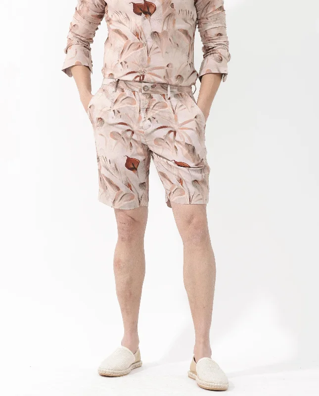 Men's Solid-Colored Pants for VersatilityRare Rabbit Men's Bower Brown Viscose Fabric Knee Length Tropical Print Shorts