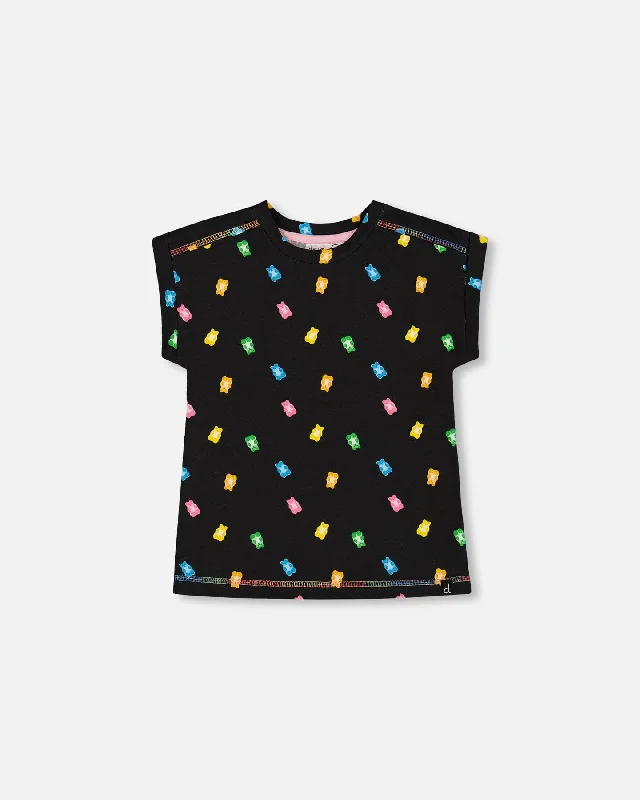Men's Tailored Shirts for a Professional AppearanceRolled Sleeve Tee With Print Black And Multicolored Gummies Men's Tailored Shirts for a Professional AppearanceRolled Sleeve Tee With Print Black And Multicolored Gummies