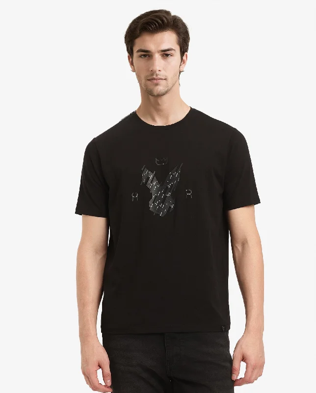 Men's Shirts with Hidden PocketsRare Rabbit Men Ranato Black Cotton Lycra Fabric Short Sleeve Crew Neck Regular Fit Logo Graphic Print T-Shirt
