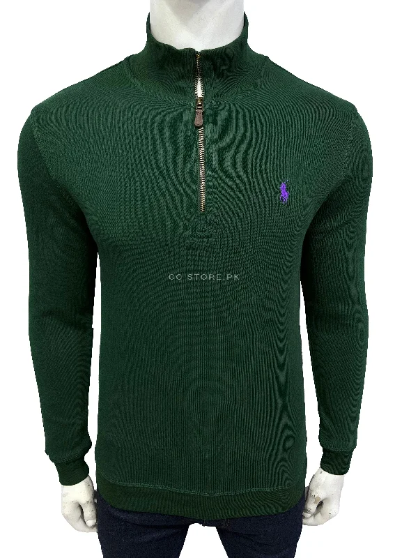 Men's Sweaters with Stand-Up CollarsRL Cotton Quarter Zipper Green Jumper