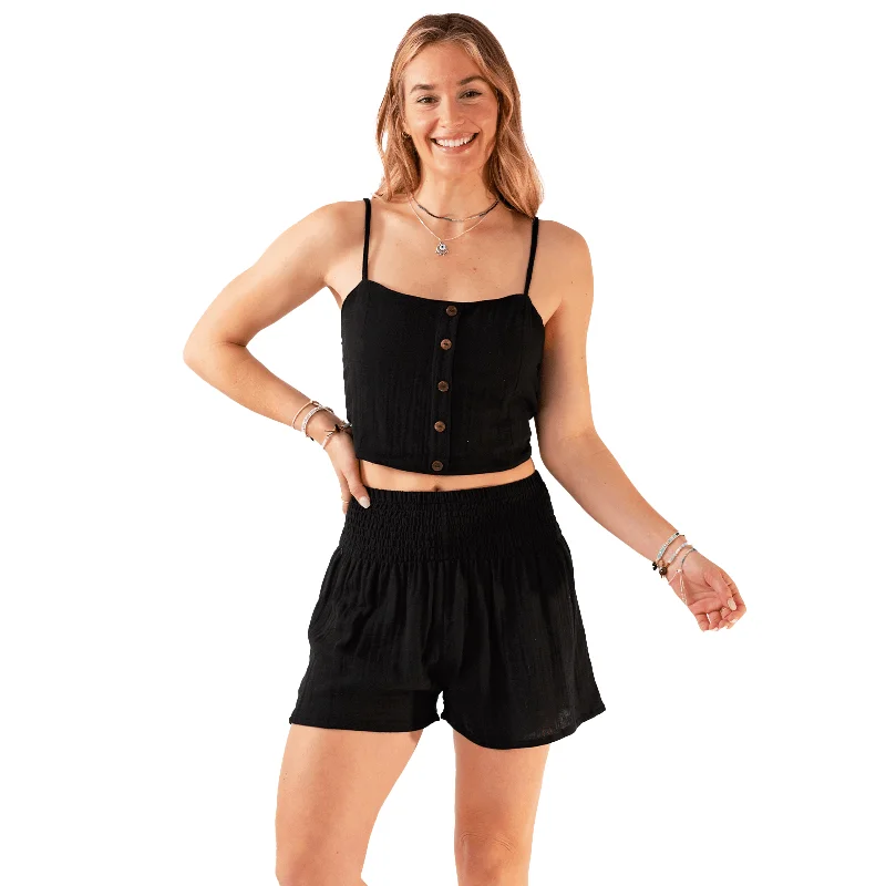 Men's Pants with Contrast WaistbandsBlack Cotton Crop Top & Shorts Lounge Set
