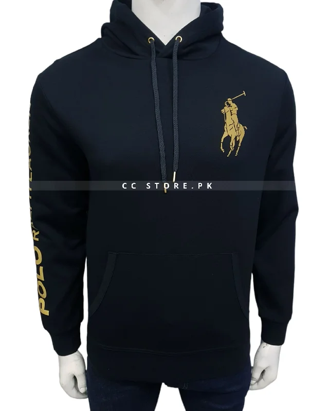 Men's Sweaters with Ribbed WaistbandsRL Big Pony Black Hoodie with Printed Sleeve