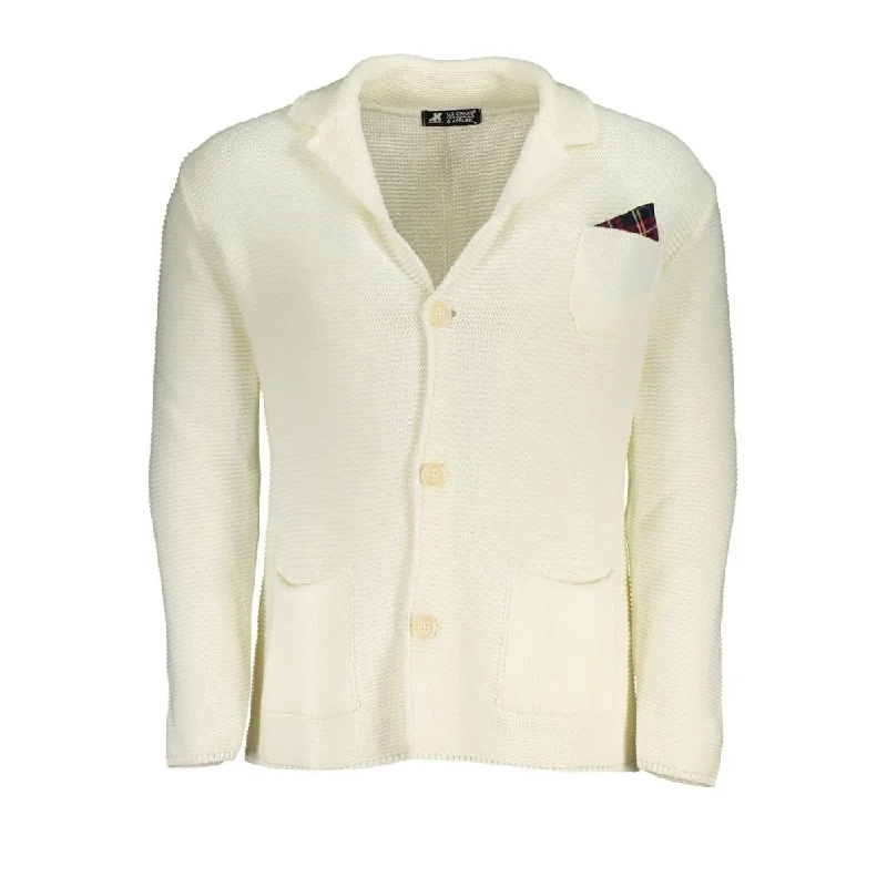 Patterned Men's Fair Isle SweatersU.S. Grand Polo Elegant White Cardigan With Logo Men's Detail Patterned Men's Fair Isle SweatersU.S. Grand Polo Elegant White Cardigan With Logo Men's Detail