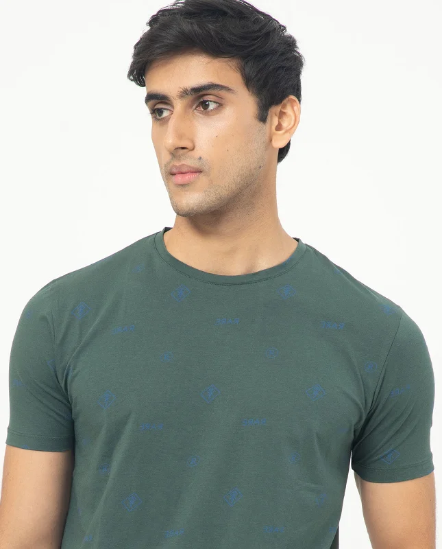Men's Shirts with Rounded HemlinesRare Rabbit Men's Grammy Dark Green Crew Neck Half Sleeves Regular Fit Monogram Print T-Shirt Men's Shirts with Rounded HemlinesRare Rabbit Men's Grammy Dark Green Crew Neck Half Sleeves Regular Fit Monogram Print T-Shirt