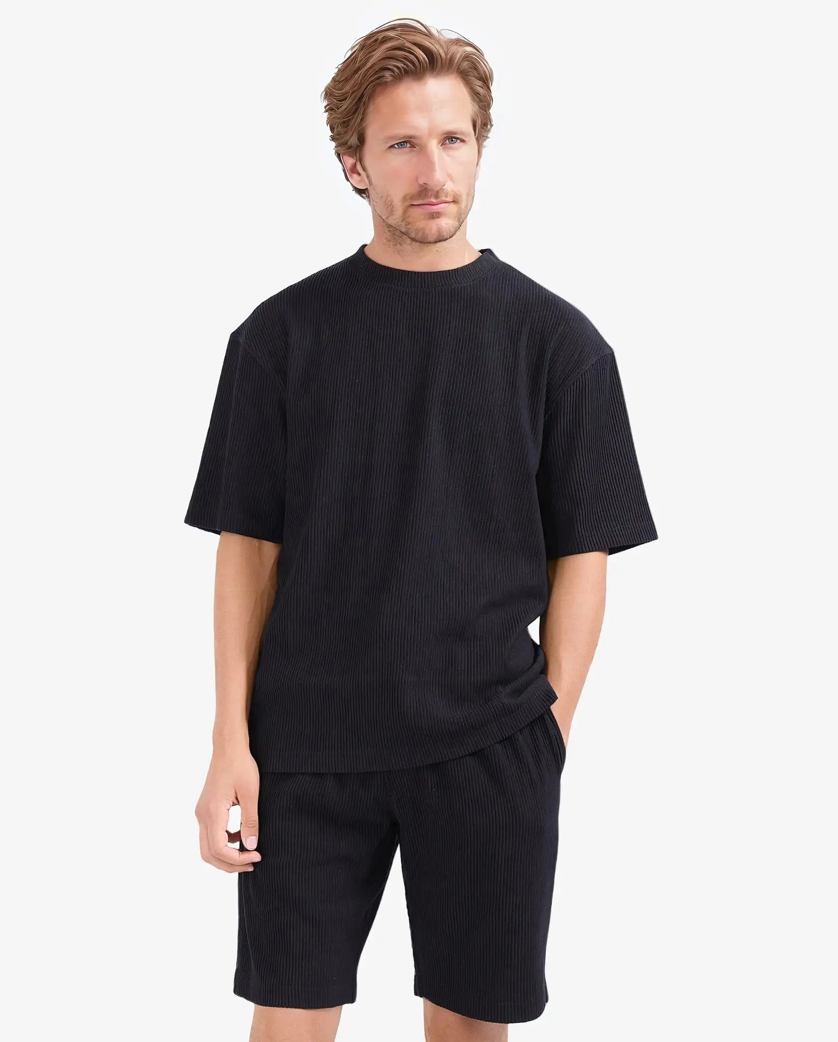Men's Shirts with Pleated HemlinesRare Rabbit Men's Breet-1 Black Cotton Blend Fabric Short Sleeve Crew Neck Oversized Fit Textured T-Shirt
