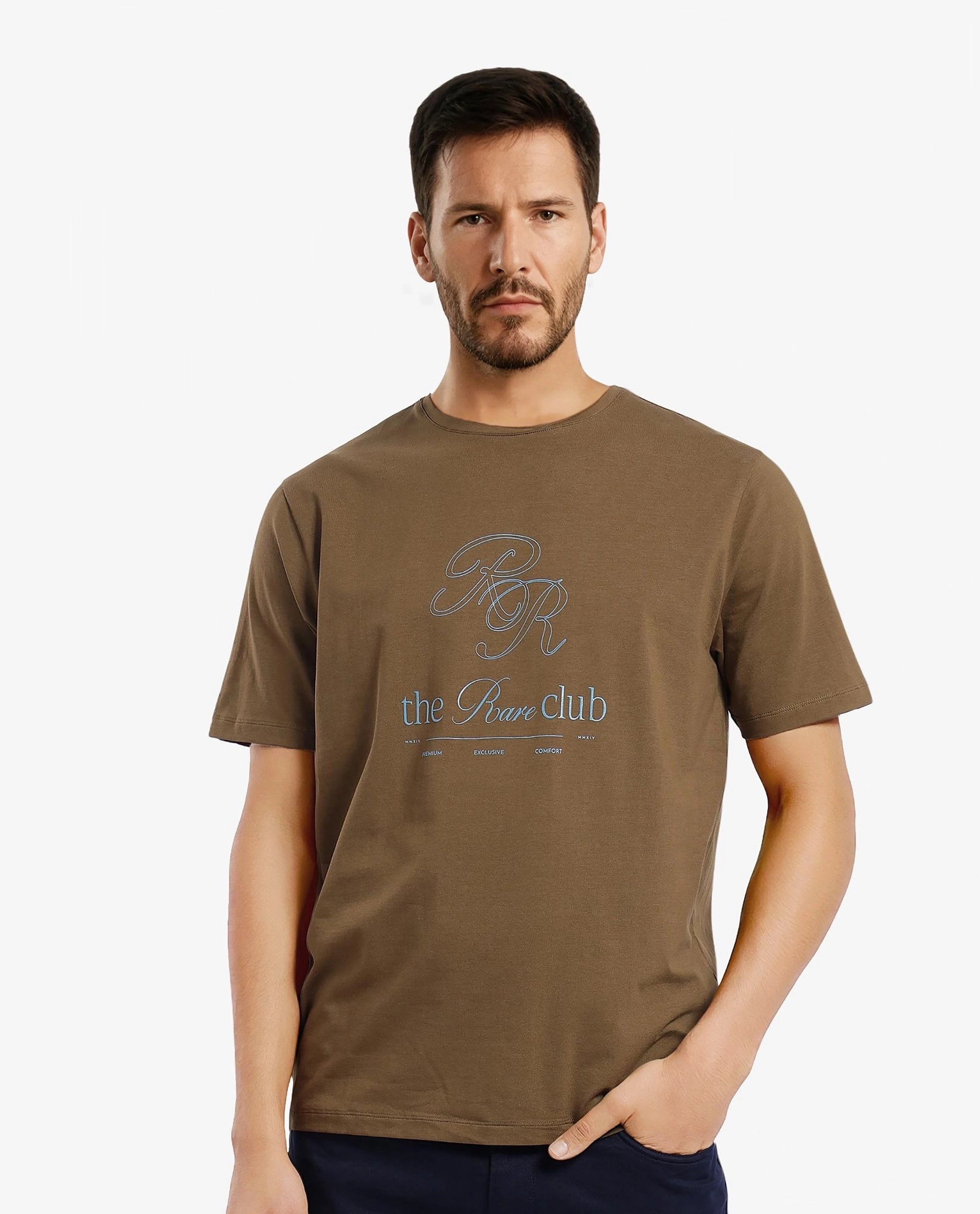 Men's Shirts for FishingRare Rabbit Men Vin Dark Green Cotton Lycra Fabric Short Sleeve Crew Neck Regular Fit HD Print T-Shirt