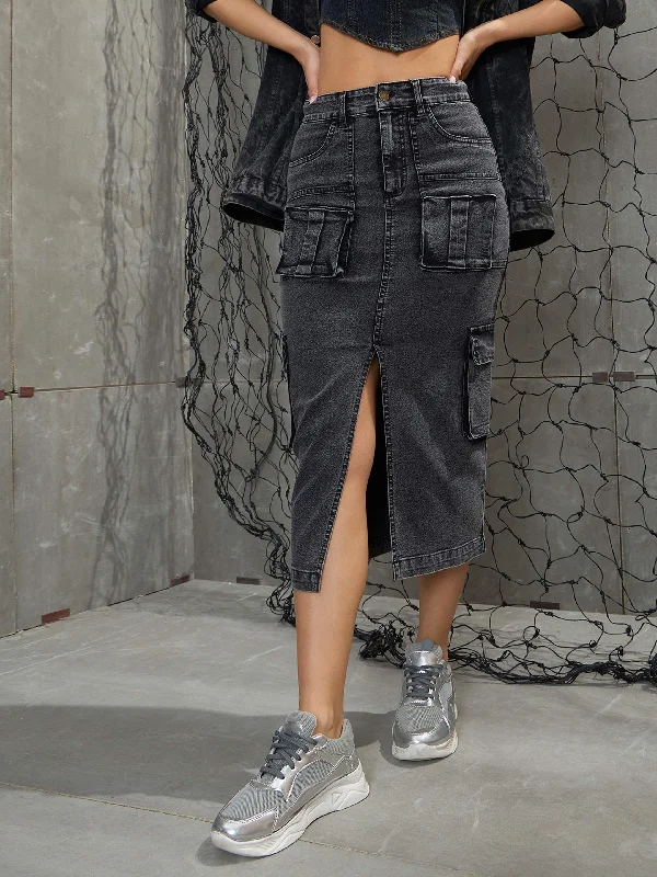 XL Men's JeansWomen Grey Washed Denim Box Pocket Midi Skirt