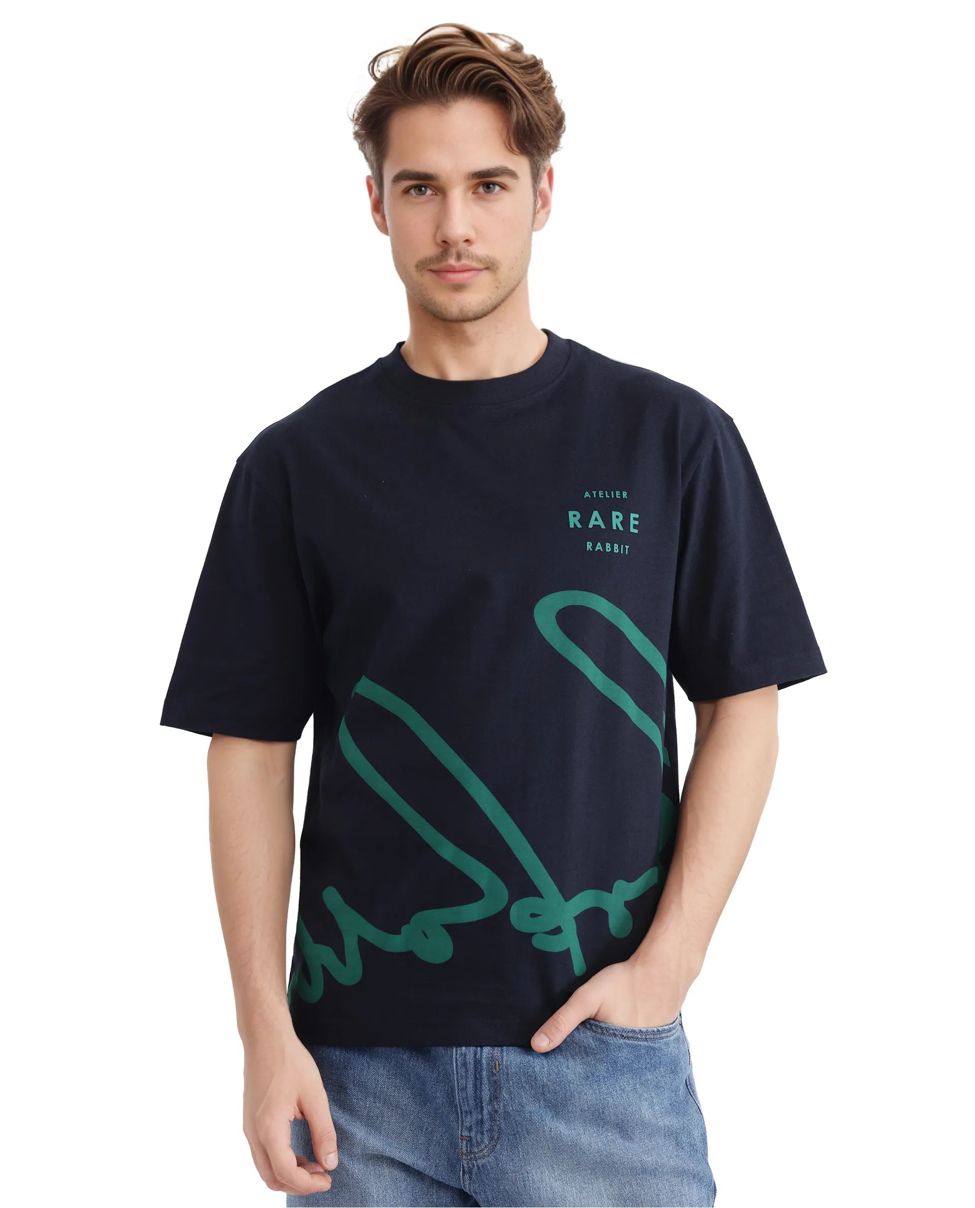 Breathable Men's Mesh TopsRare Rabbit Men Ther Navy Short Sleeve Crew Neck Boxy Fit Printed T-Shirt