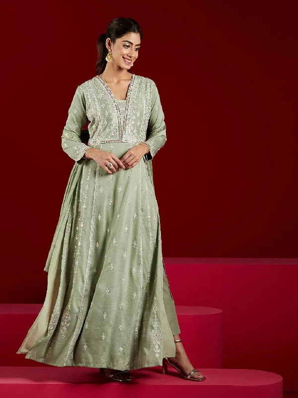 Libas Art Dusty Green Embroidered Silk Blend A-Line Kurta With Trousers & Dupatta