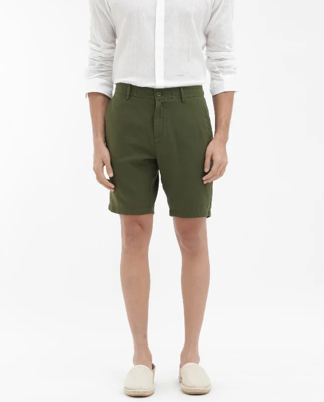 Men's Pants with Appliqué DetailsRare Rabbit Men's Pinto Olive Cotton Fabric Knee Length Solid Shorts Men's Pants with Appliqué DetailsRare Rabbit Men's Pinto Olive Cotton Fabric Knee Length Solid Shorts