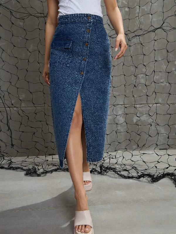 Fashionable Men's JeansWomen Blue Front Button Wrap Skirt