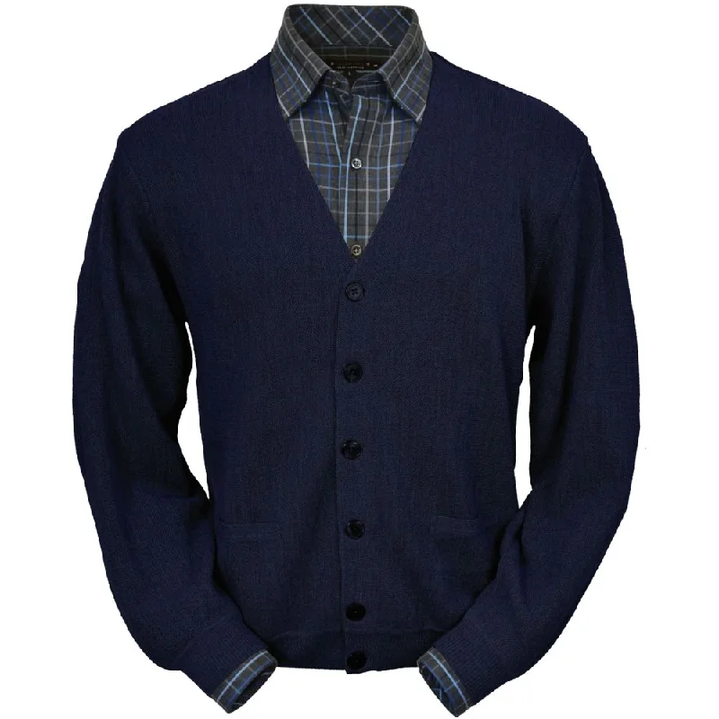 Men's Sweaters for Mild WeatherBaby Alpaca 'Links Stitch' V-Neck Cardigan Sweater in True Navy by Peru Unlimited