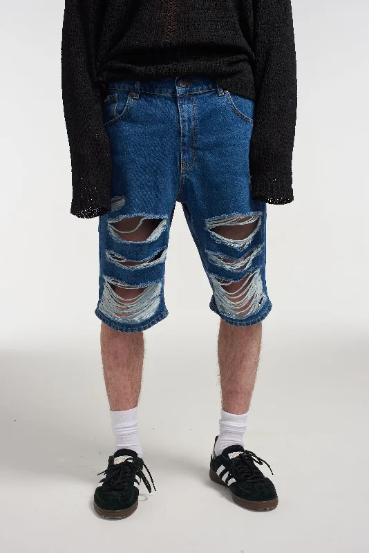 Men's Jeans with EmbroideryMens Distressed Skater Shorts Blue