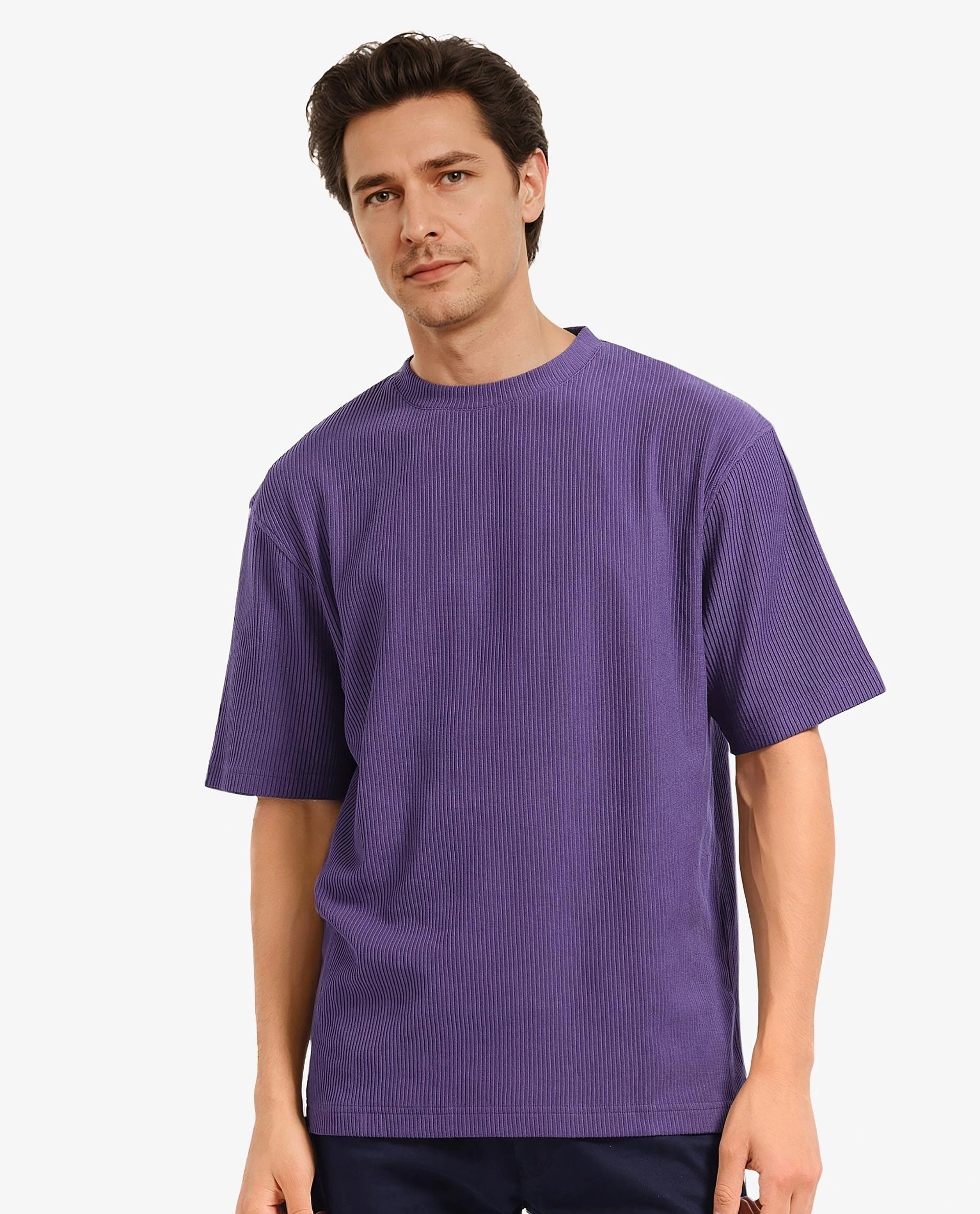 Men's Shirts with Contrast StitchingRare Rabbit Men's Breet-1 Dark Purple Cotton Blend Fabric Short Sleeve Crew Neck Oversized Fit Textured T-Shirt Men's Shirts with Contrast StitchingRare Rabbit Men's Breet-1 Dark Purple Cotton Blend Fabric Short Sleeve Crew Neck Oversized Fit Textured T-Shirt