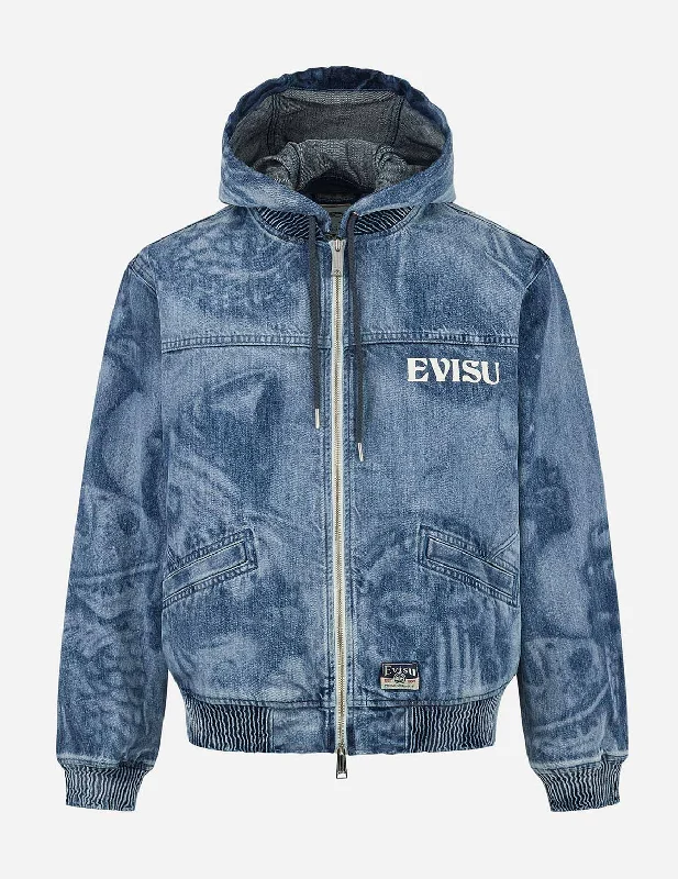 Men's Jeans Made from Recycled MaterialsFisherman Godhead Laser Print Loose Fit Hooded Denim Jacket