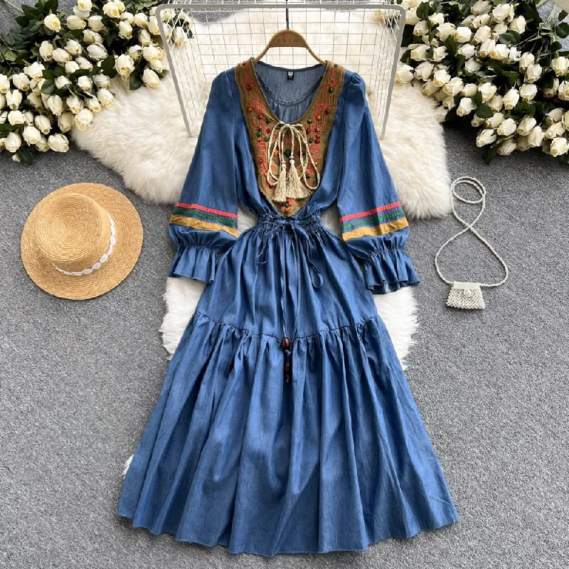 Cool Men's JeansKittenAlarm - Quality Embroidered Denim Dress 2024 Summer Autumn National Korean Pleated A Line Long Sleeve Cowboy Dress Women Jeans Dress