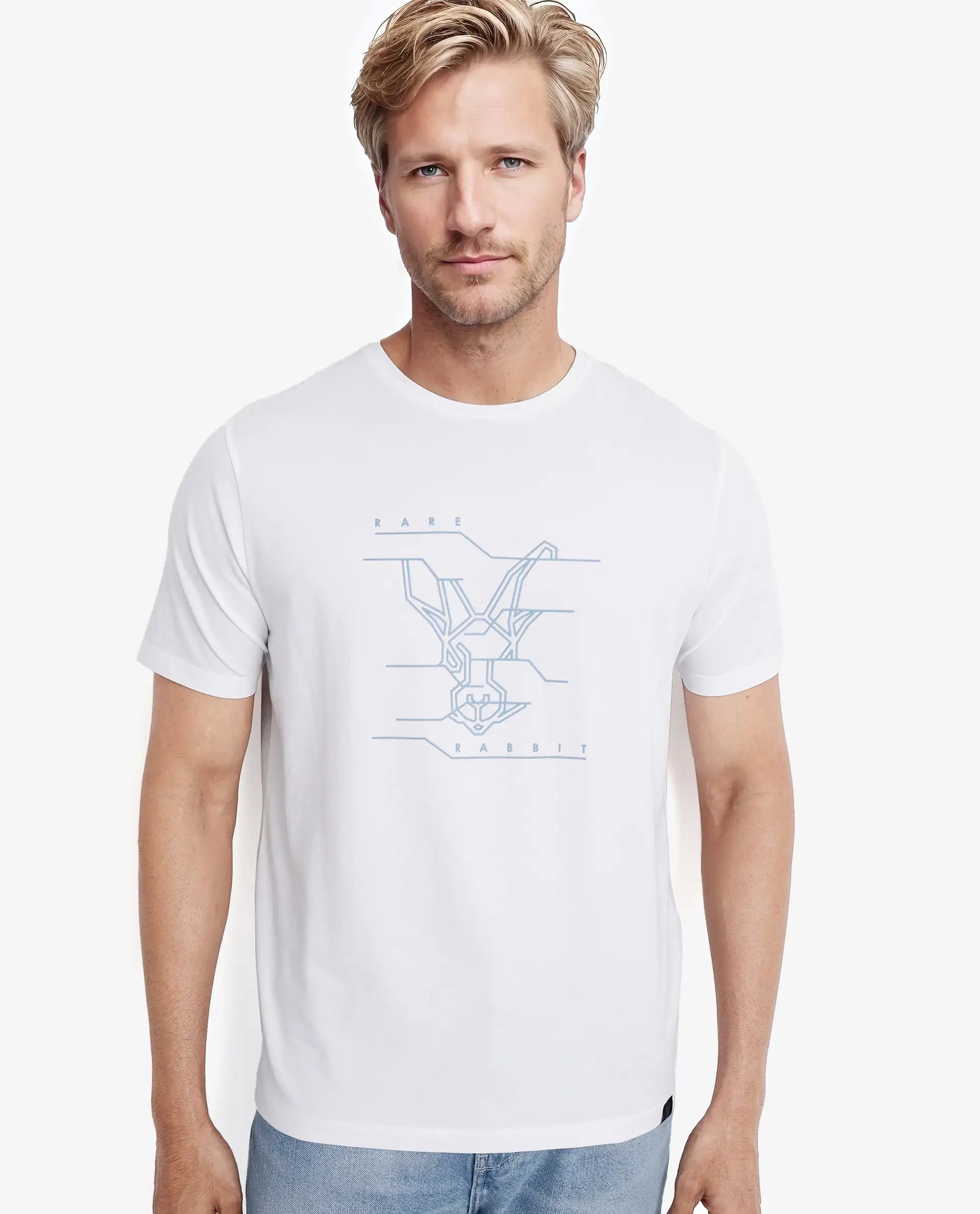 Men's Shirts with Geometric PatternsRare Rabbit Men Vetos White Cotton Lycra Fabric Short Sleeve Crew Neck Regular Fit Logo Graphic Print T-Shirt Men's Shirts with Geometric PatternsRare Rabbit Men Vetos White Cotton Lycra Fabric Short Sleeve Crew Neck Regular Fit Logo Graphic Print T-Shirt
