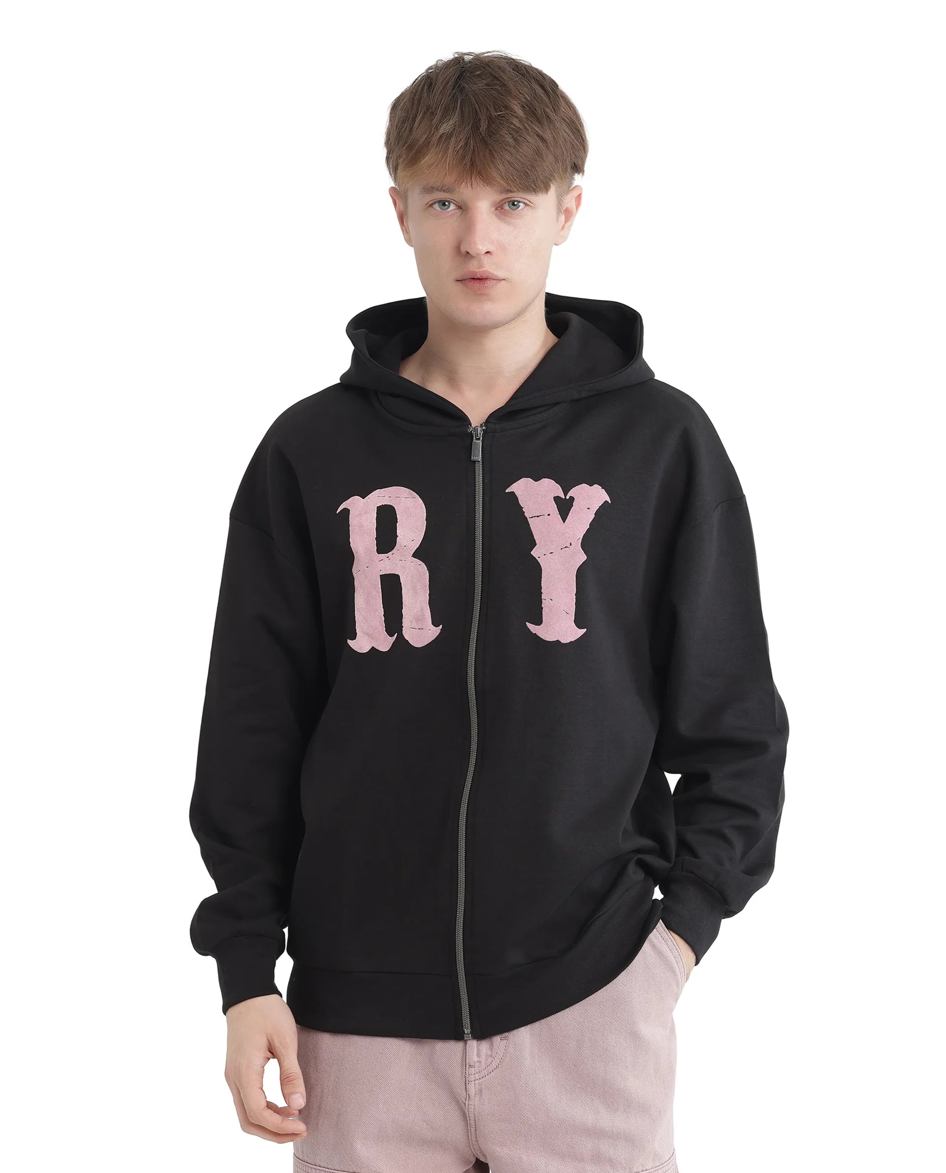 Men's Hoodies with Reinforced StitchingRare Rabbit Men Con Black Cotton Blend Fabric Full Sleeve Boxy Fit Printed Sweatshirt Men's Hoodies with Reinforced StitchingRare Rabbit Men Con Black Cotton Blend Fabric Full Sleeve Boxy Fit Printed Sweatshirt
