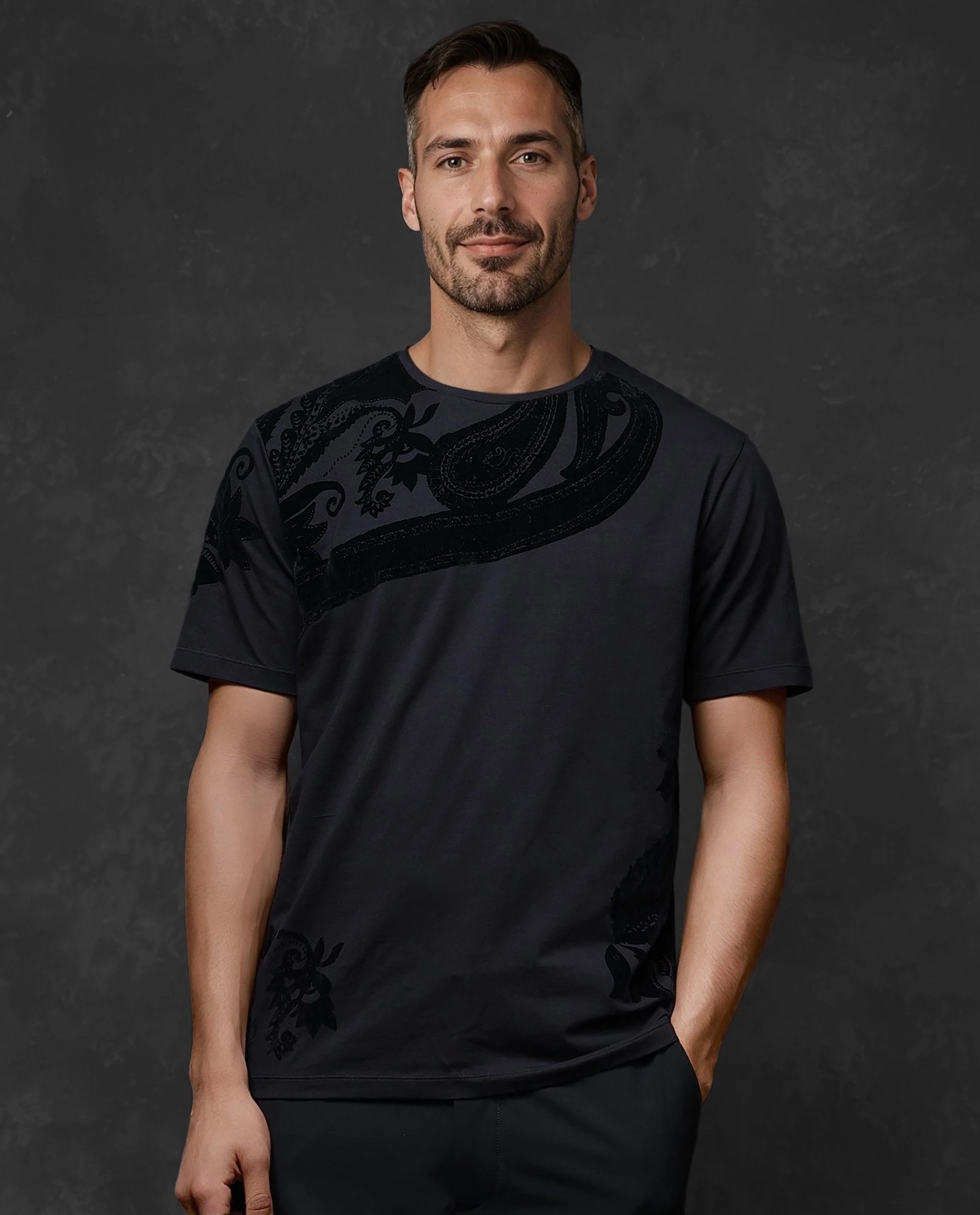 Men's Shirts with Tab CollarsRare Rabbit Men Zuron Black Cotton Fabric Short Sleeves Crew Neck Paisley Flock Print T-Shirt Men's Shirts with Tab CollarsRare Rabbit Men Zuron Black Cotton Fabric Short Sleeves Crew Neck Paisley Flock Print T-Shirt