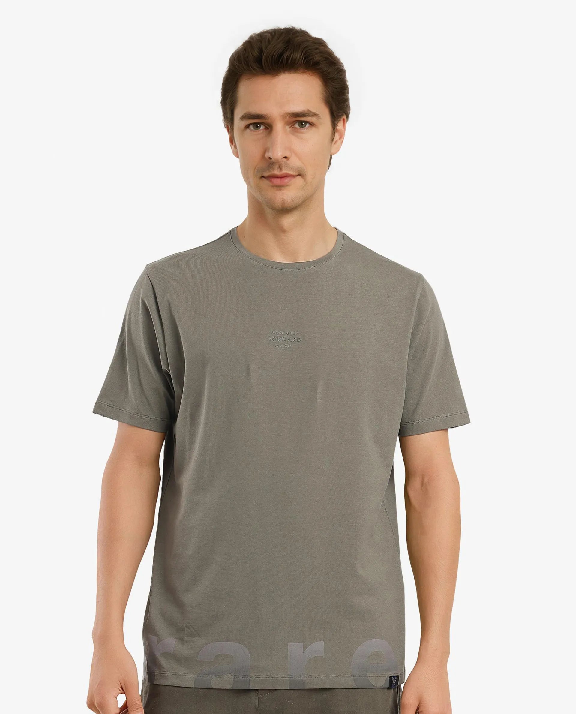 Men's Shirts with Pocket SquaresRare Rabbit Men Let Dusky Green Cotton Lycra Fabric Short Sleeve Crew Neck Regular Fit Typography Print T-Shirt