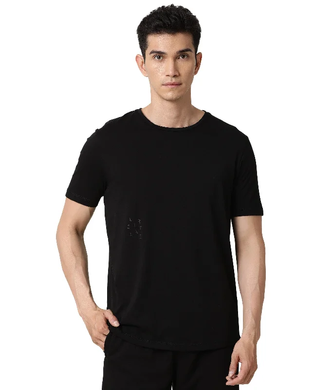 Warm Men's Fleece-Lined TopsRare Rabbit Articale Men's Caxel Double Black Crew Neck Offset Brand Print Half Sleeves T-shirt Warm Men's Fleece-Lined TopsRare Rabbit Articale Men's Caxel Double Black Crew Neck Offset Brand Print Half Sleeves T-shirt