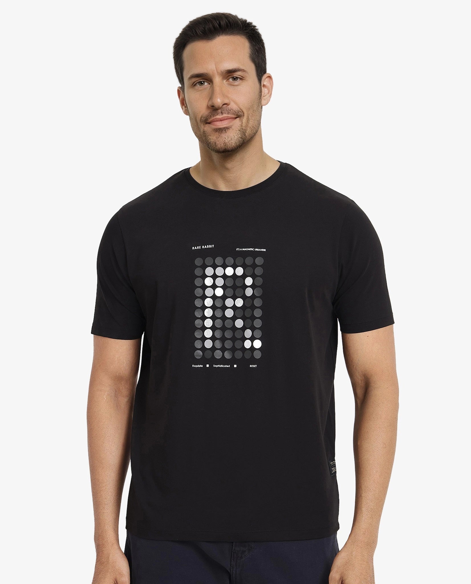 Men's Shirts with Graphic SleevesRare Rabbit Men Colos Black Cotton Lycra Fabric Short Sleeve Crew Neck Regular Fit Graphic Print T-Shirt