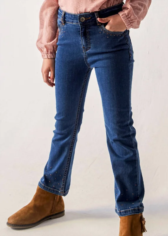 Leather Patch Embellished Men's JeansTween Girls Flared Long Denim Pant In Medium Wash Leather Patch Embellished Men's JeansTween Girls Flared Long Denim Pant In Medium Wash
