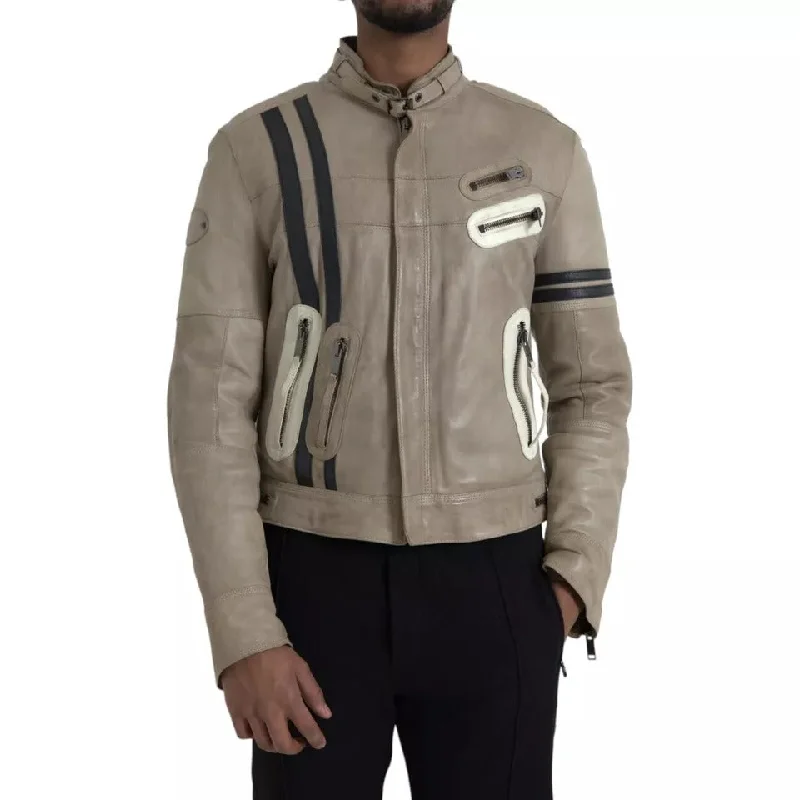 Weather-Resistant Men's CoatsBeige Leather Full Zip Biker Coat Jacket
