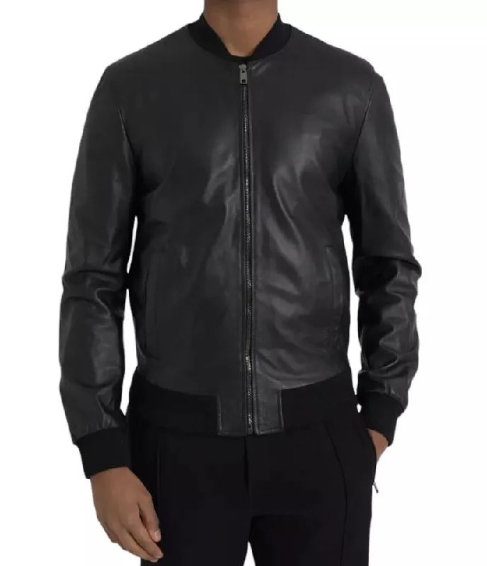 Men's Coats with HoodsBlack Bomber Leather Full Zip Biker Blouson Jacket