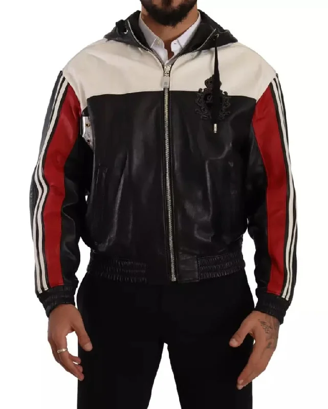 Men's Coats for Snowy WeatherBlack Leather Hooded Blouson Jacket