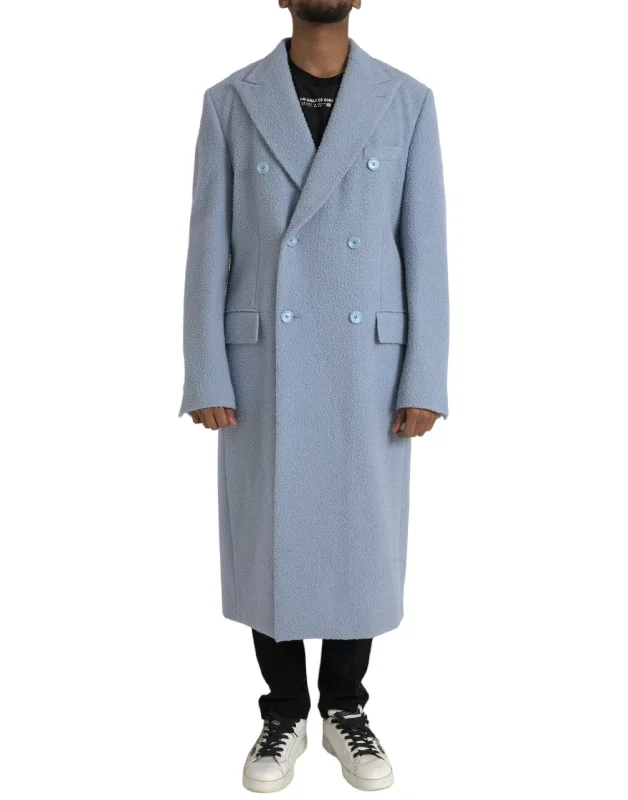 Men's Coats with Contrast StitchingBlue Double Breasted Long Trench Coat Jacket
