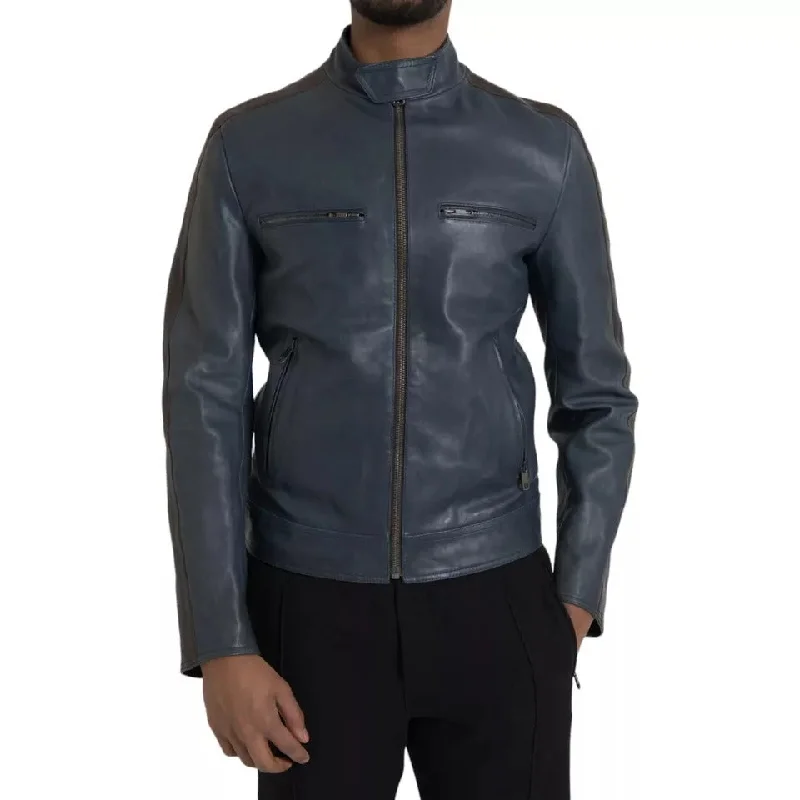 Lightweight Men's WindbreakersBlue Leather Full Zip Biker Blouson Jacket