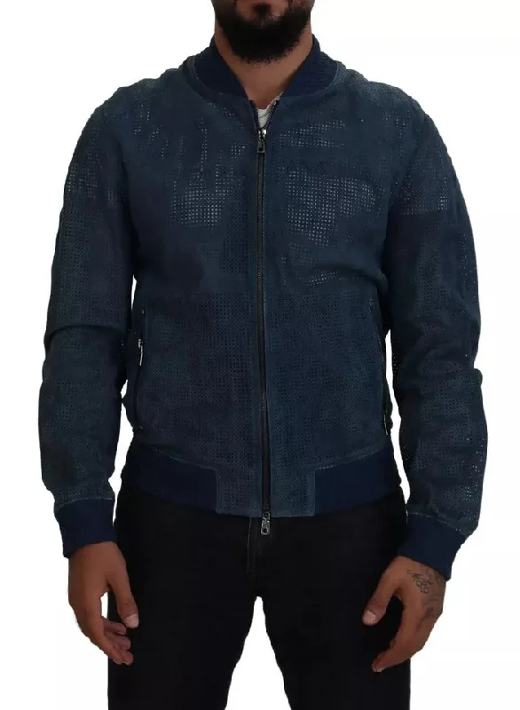 Classic Men's Trench CoatsBlue Leather Perforated Full Zip Jacket