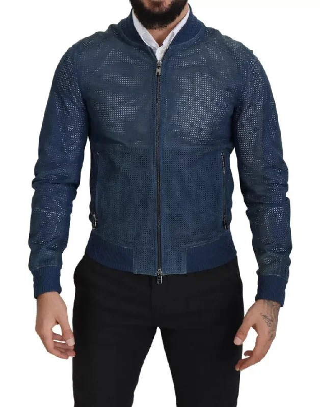 Men's Coats for Winter CampingBlue Leather Perforated Full Zip Jacket