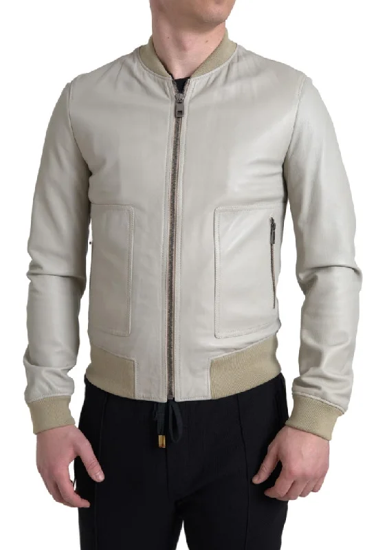 Elegant Men's Wool CoatsCream Leather Bomber Jacket