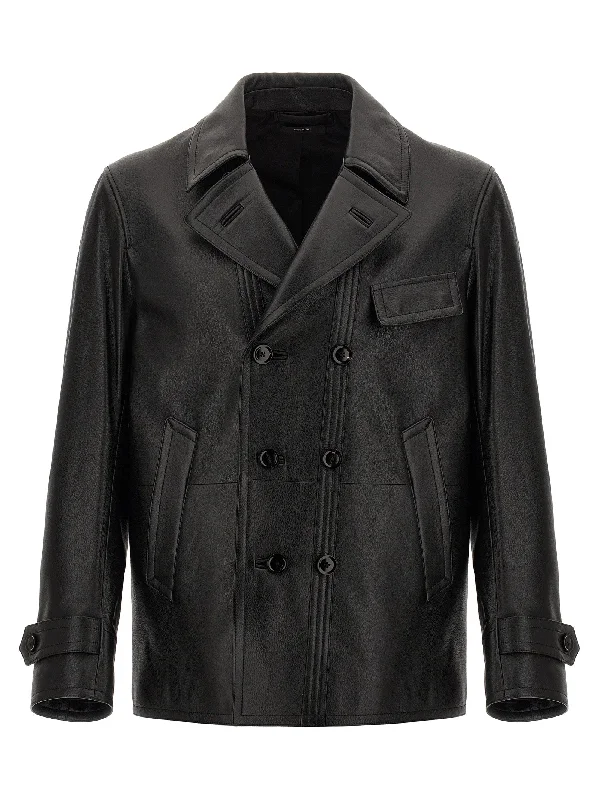 Men's Coats with Relaxed FitsDouble-breasted Leather Jacket