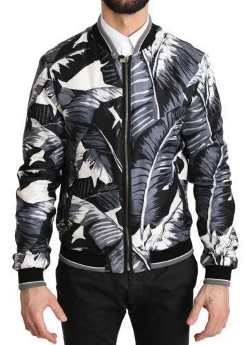 Men's Coats with Adjustable SleevesElegant Banana Leaf Print Silk Bomber Jacket