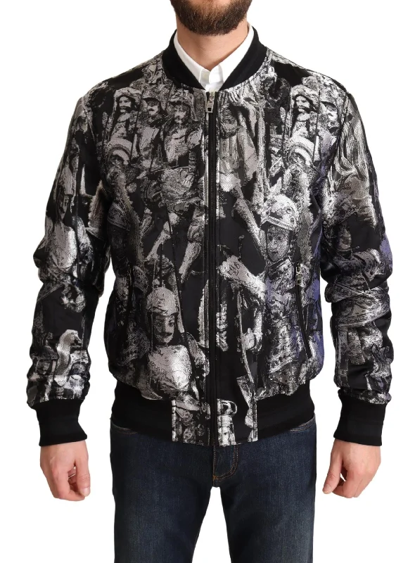 Men's Coats for Winter SportsElegant Black Bomber Jacket With Silver Details