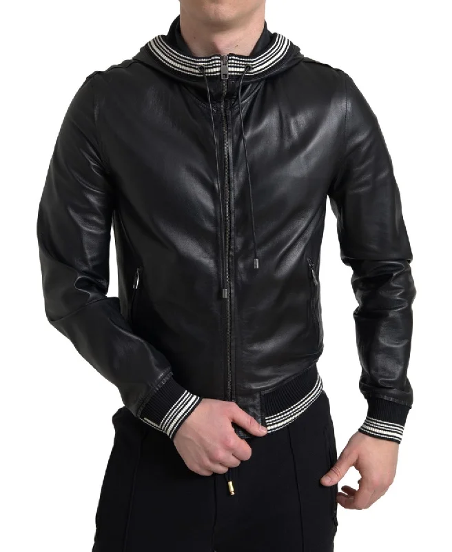Men's Coats with ButtonsElegant Black Leather Bomber Jacket