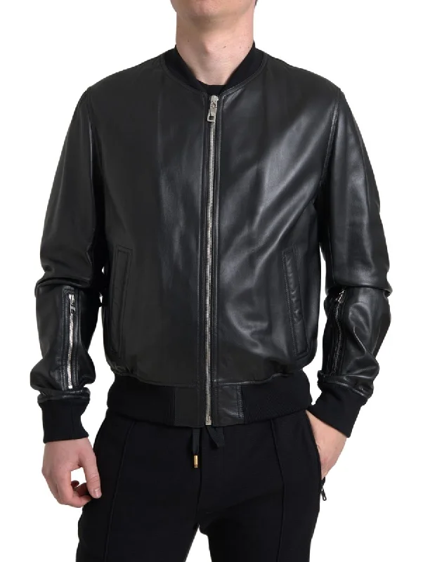 Men's Coats with Relaxed FitsElegant Black Leather Bomber Jacket
