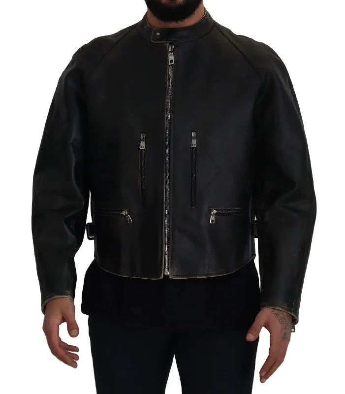 Men's Coats with VentilationElegant Black Leather Jacket With Silver Details