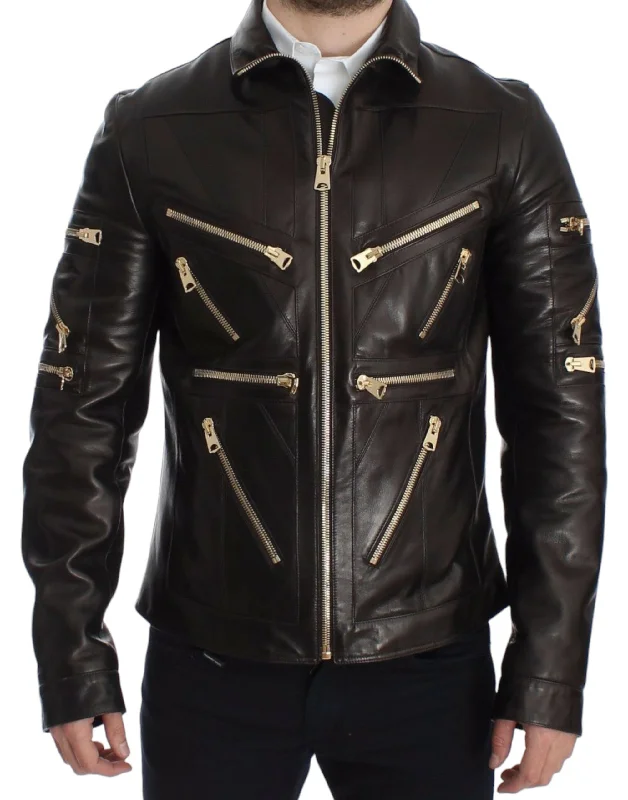 Men's Coats for Cold WeatherElegant Brown Gold-detailed Leather Jacket
