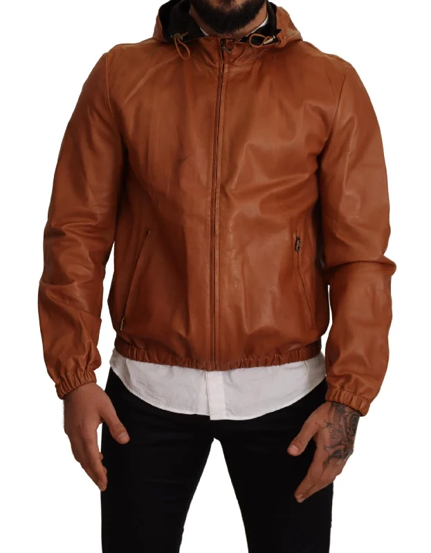 Men's Coats with Synthetic InsulationElegant Brown Leather Bomber Jacket
