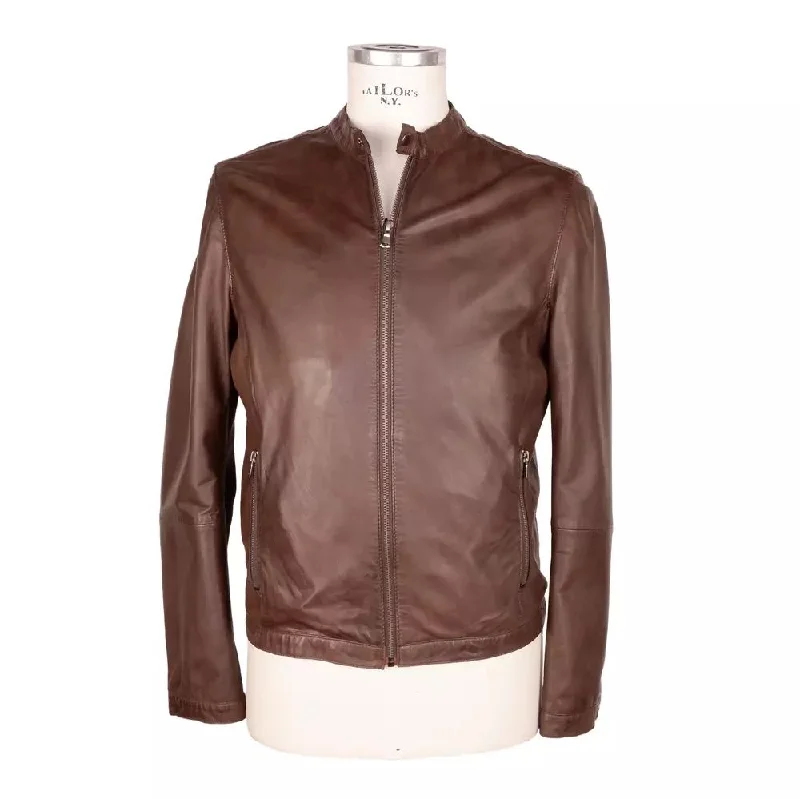 Men's Coats with Slim FitsElegant Brown Leather Jacket With Snap Collar